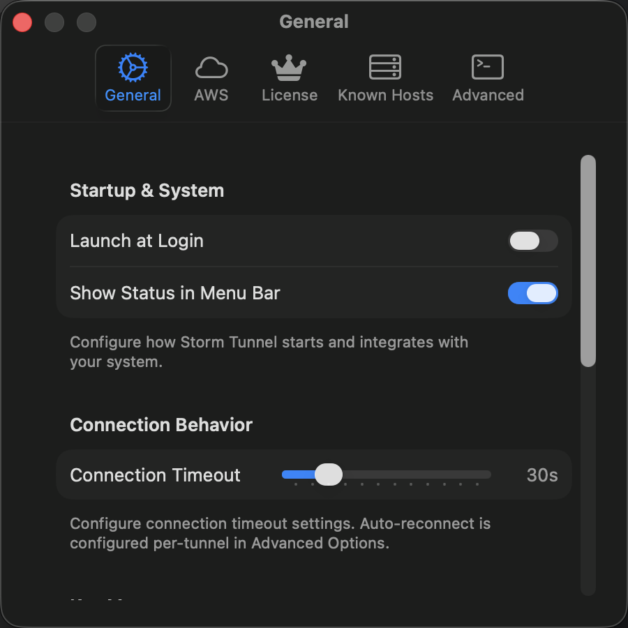 General settings window with preferences for notifications, startup, and behavior