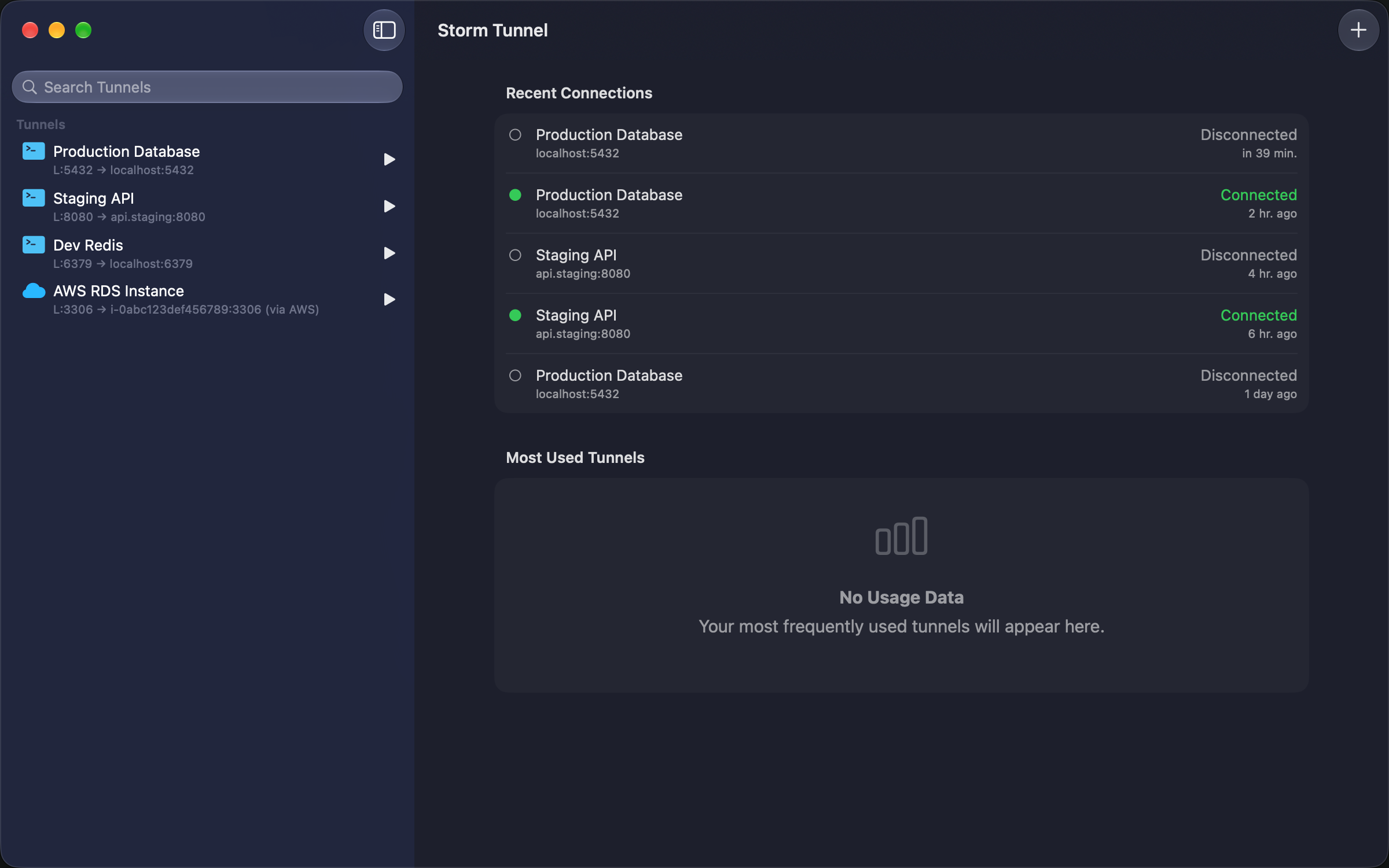 Storm Tunnel's native macOS main window showing saved tunnels, connection status, and tunnel details